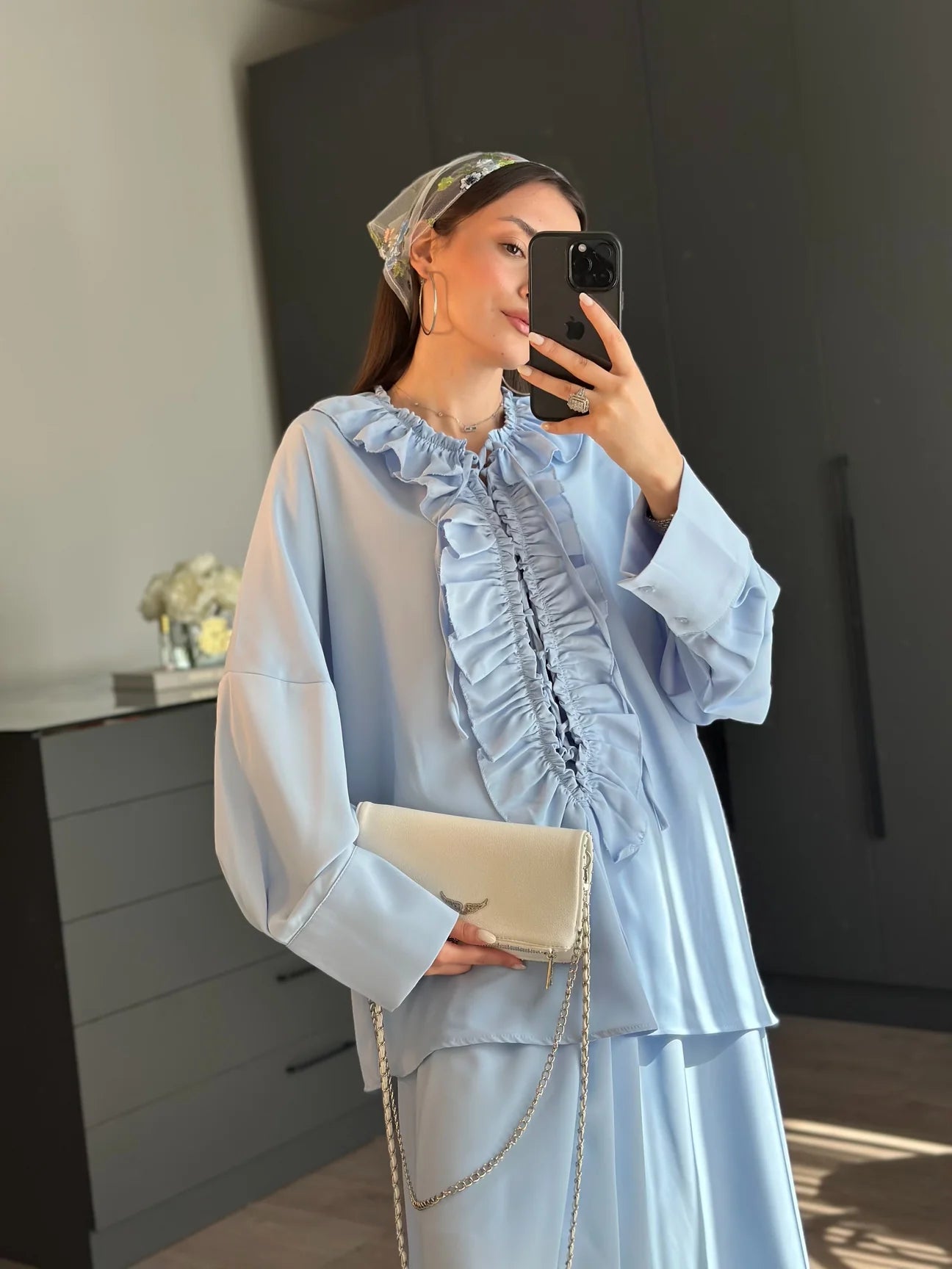 Ruffle blouse and slit maxi skirt co-ord set