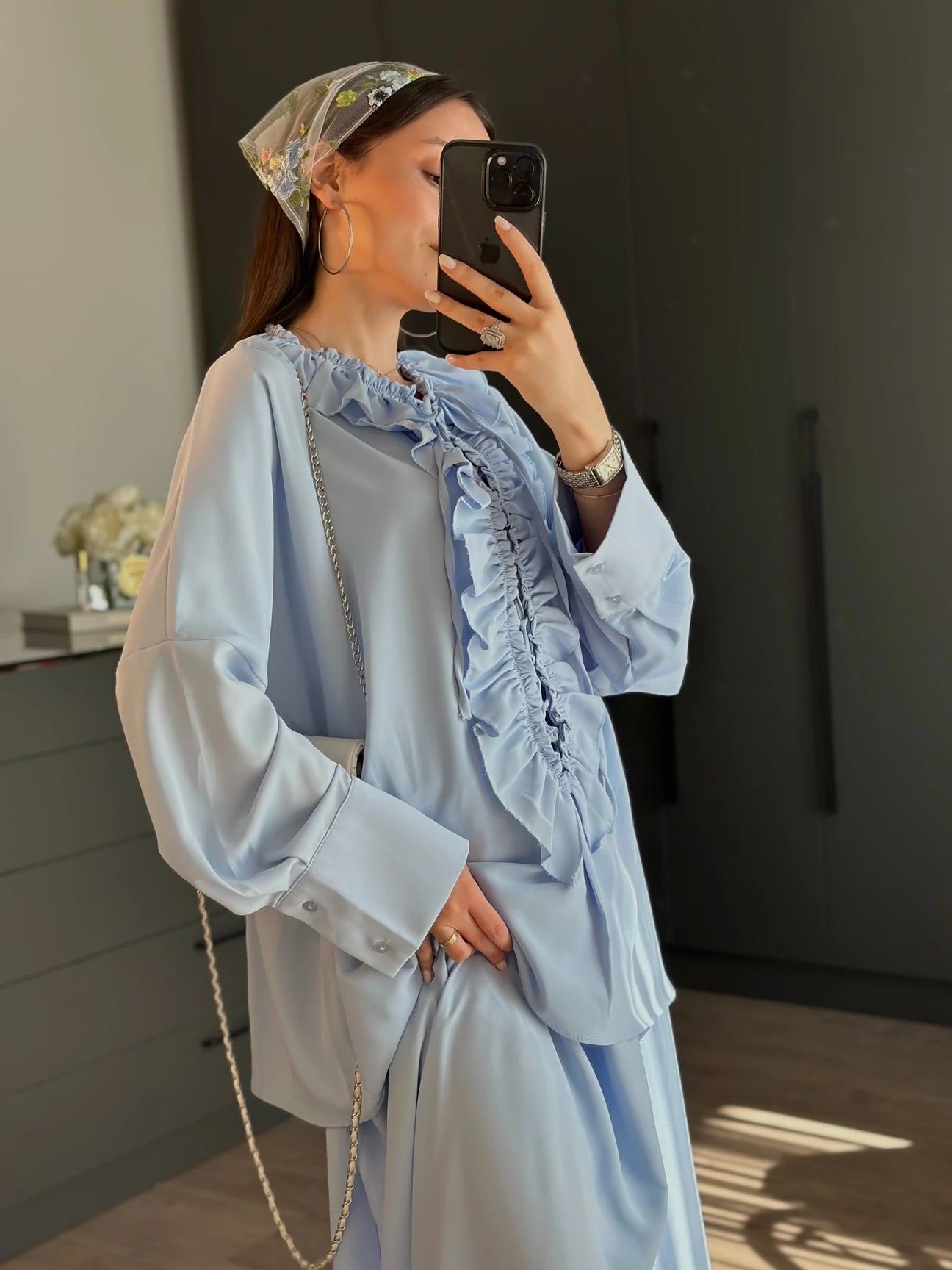 Ruffle blouse and slit maxi skirt co-ord set