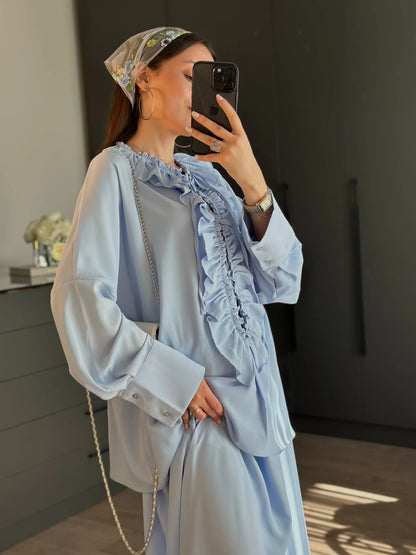 Ruffle blouse and slit maxi skirt co-ord set