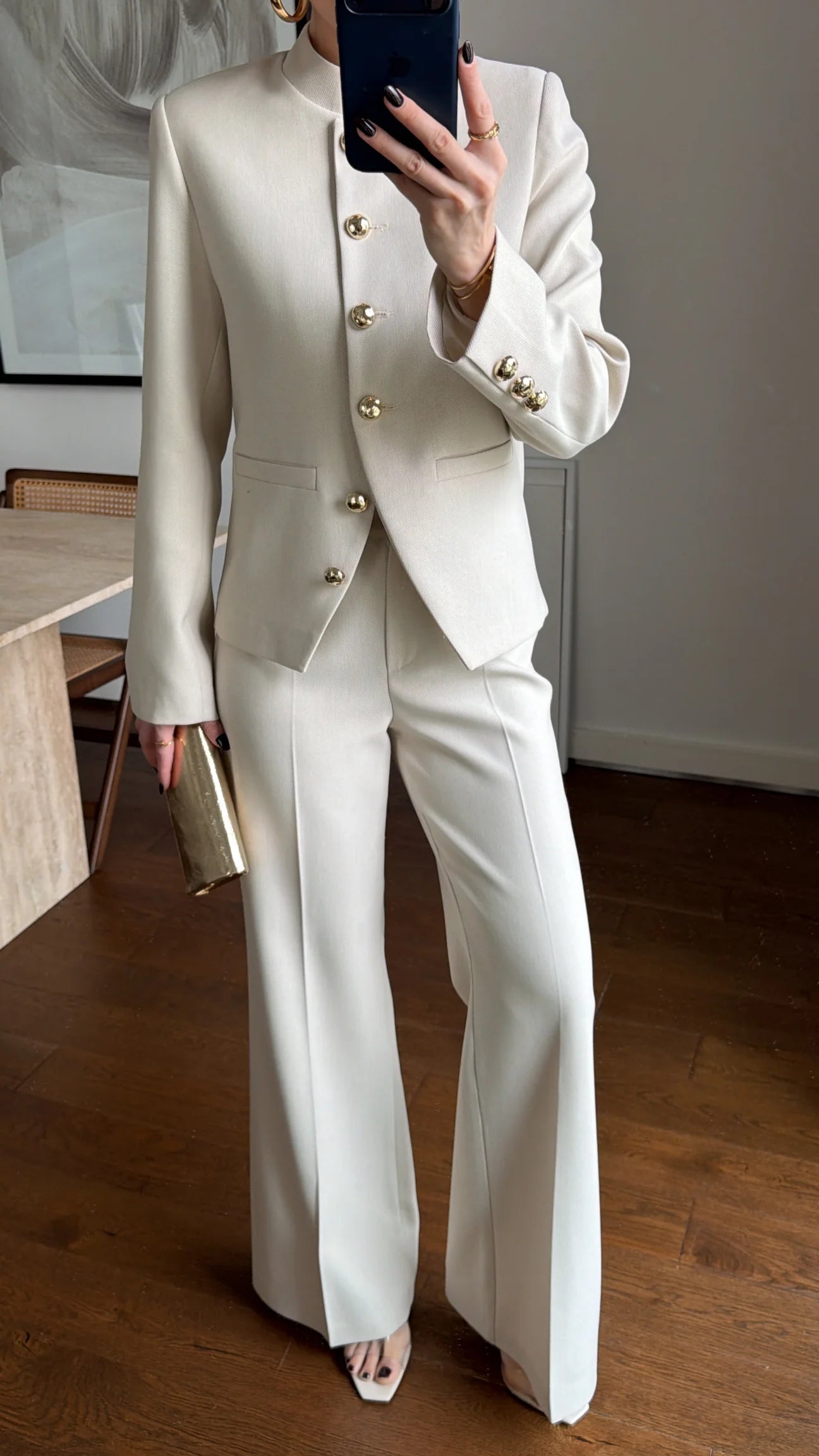 Textured fabric Stand collar gold buttons suit