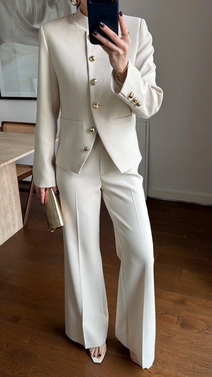 Textured fabric Stand collar gold buttons suit