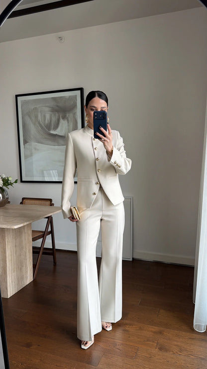 Textured fabric Stand collar gold buttons suit