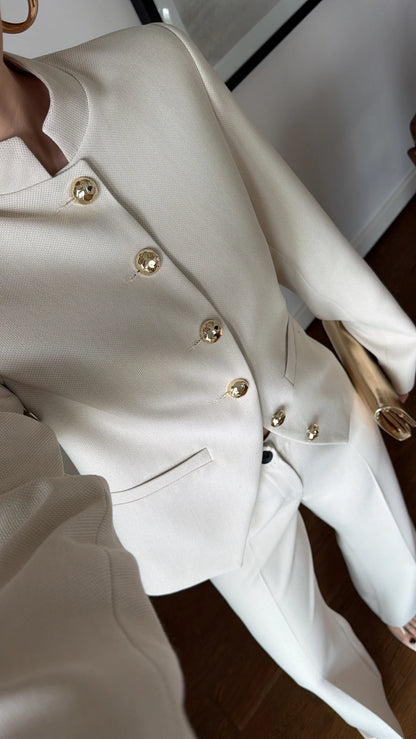 Textured fabric Stand collar gold buttons suit
