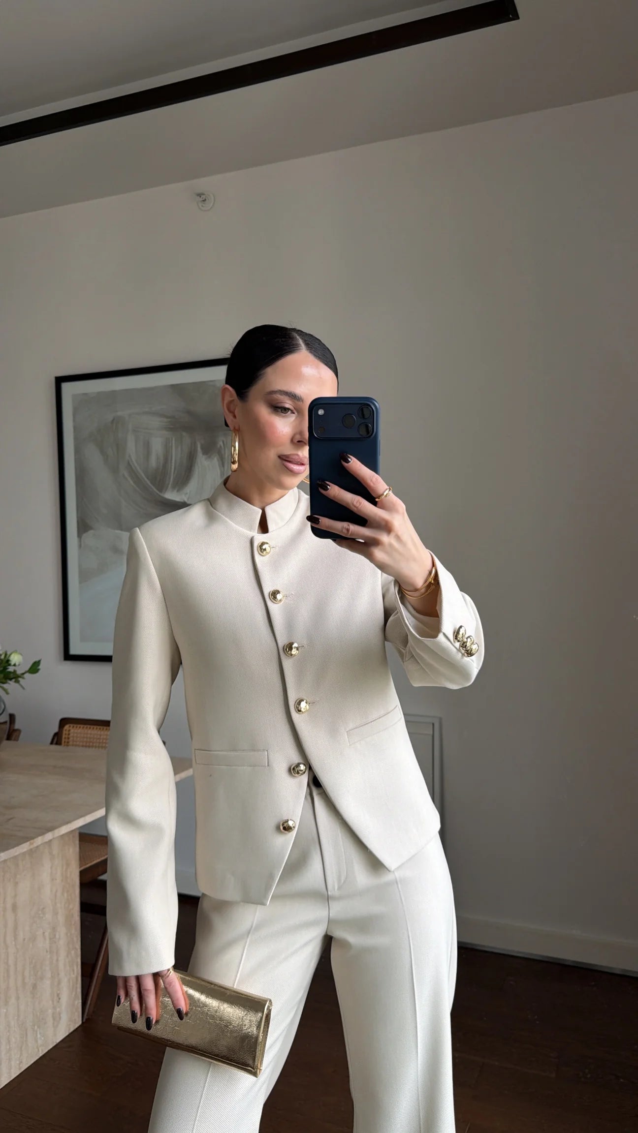 Textured fabric Stand collar gold buttons suit