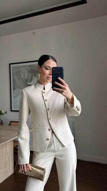 Textured fabric Stand collar gold buttons suit