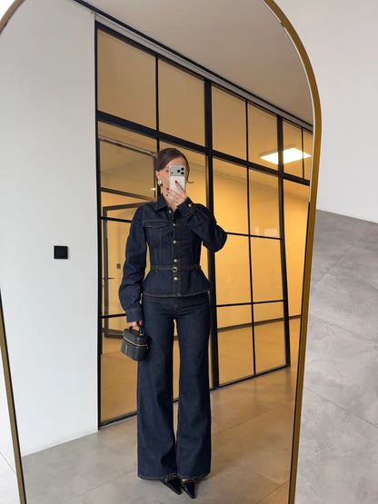 GOLD BUTTONED WAIST-FITTED JACKET AND STRAIGHT PANTS DENIM SET
