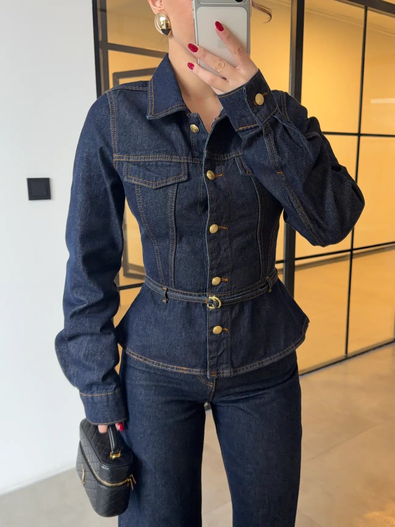 GOLD BUTTONED WAIST-FITTED JACKET AND STRAIGHT PANTS DENIM SET