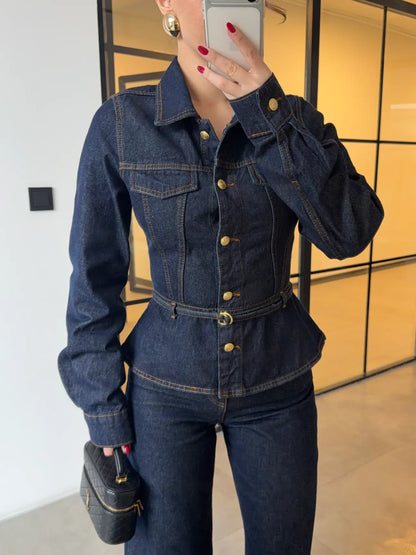 GOLD BUTTONED WAIST-FITTED JACKET AND STRAIGHT PANTS DENIM SET