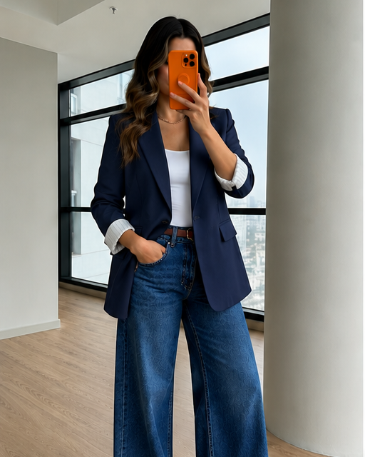 oversized linen blazer with striped lining - navy blue