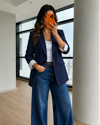 oversized linen blazer with striped lining - navy blue