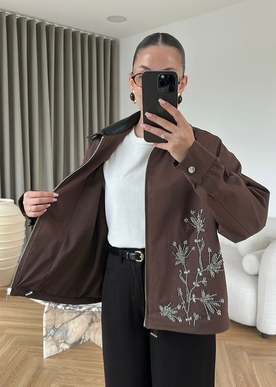 Embroidered Leather Collar Parka Jacket - brown