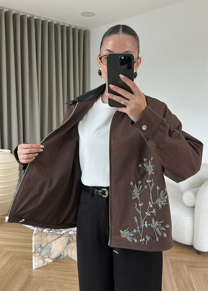 Embroidered Leather Collar Parka Jacket - brown