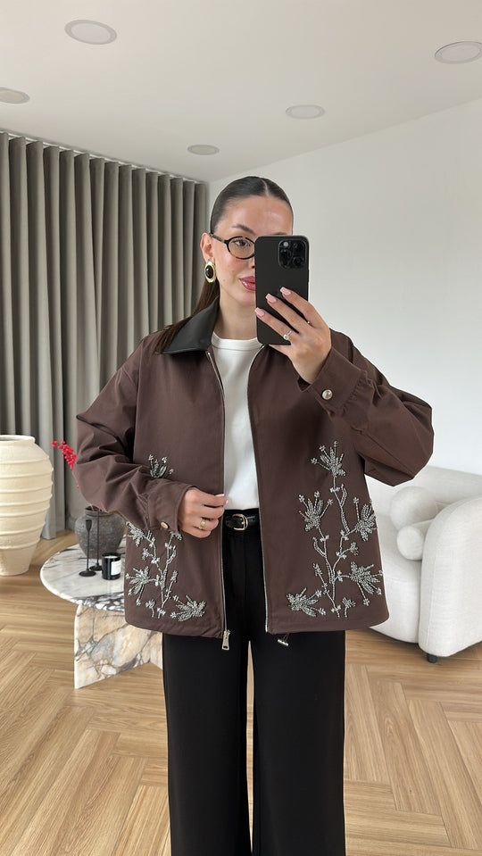 Embroidered Leather Collar Parka Jacket - brown