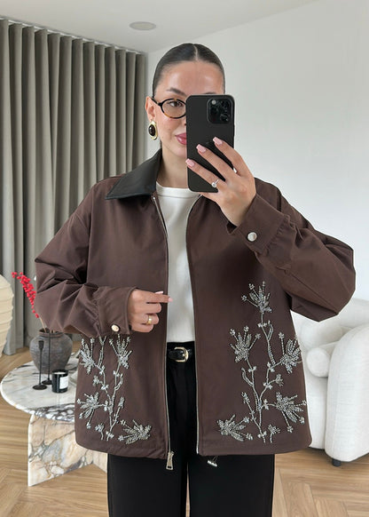Embroidered Leather Collar Parka Jacket - brown