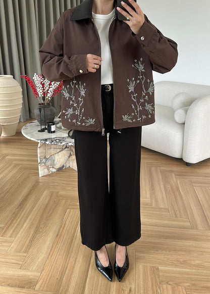 Embroidered Leather Collar Parka Jacket - brown