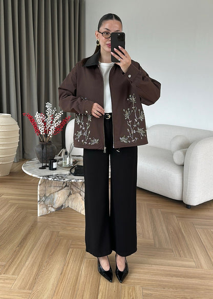 Embroidered Leather Collar Parka Jacket - brown