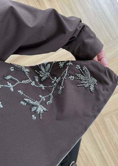 Embroidered Leather Collar Parka Jacket - brown