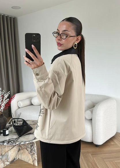 Embroidered Leather Collar Parka Jacket - beige