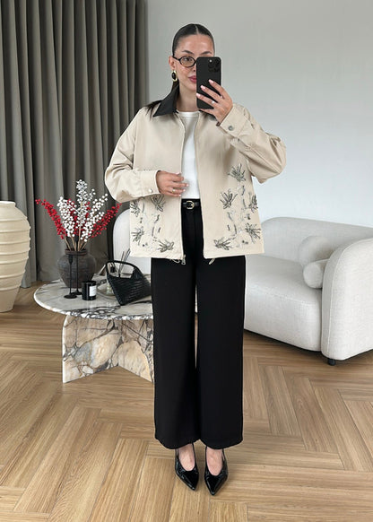Embroidered Leather Collar Parka Jacket - beige