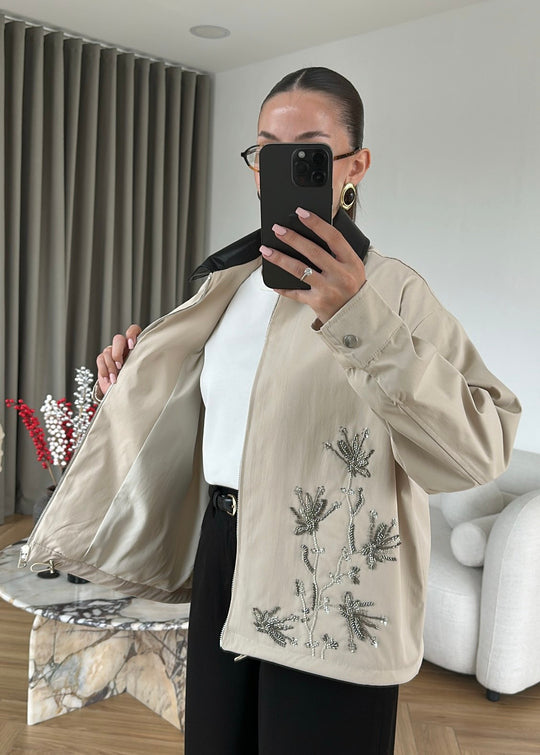 Embroidered Leather Collar Parka Jacket - beige