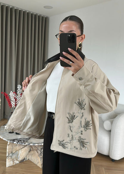 Embroidered Leather Collar Parka Jacket - beige