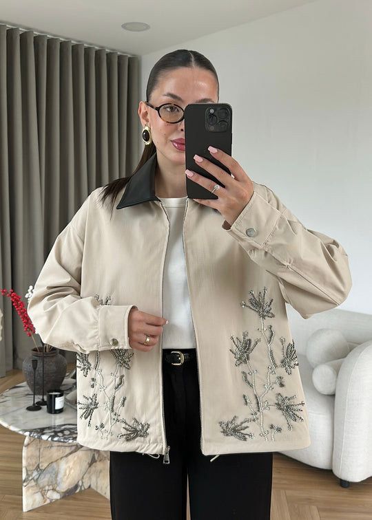 Embroidered Leather Collar Parka Jacket - beige