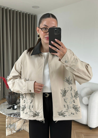 Embroidered Leather Collar Parka Jacket - beige