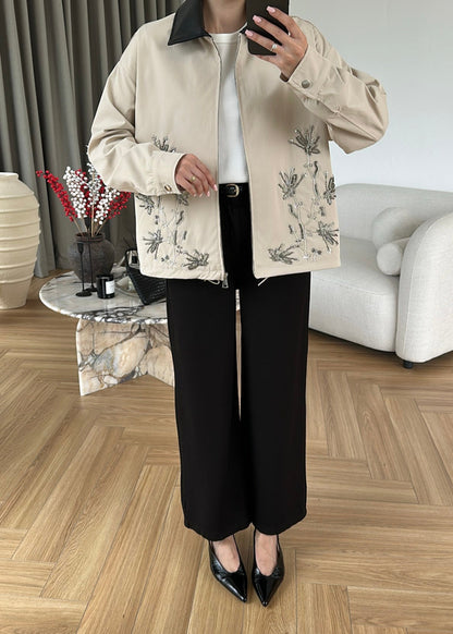 Embroidered Leather Collar Parka Jacket - beige