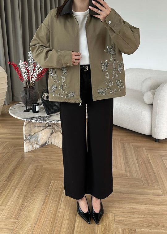 Embroidered Leather Collar Parka Jacket - KHAKI