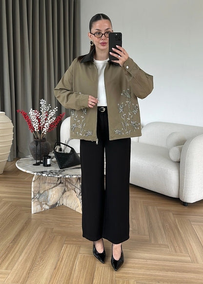 Embroidered Leather Collar Parka Jacket - KHAKI