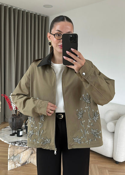 Embroidered Leather Collar Parka Jacket - KHAKI