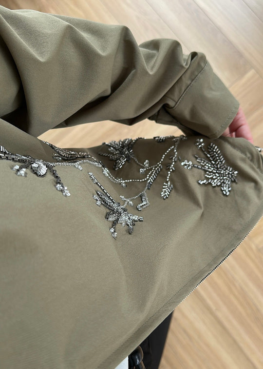 Embroidered Leather Collar Parka Jacket - KHAKI