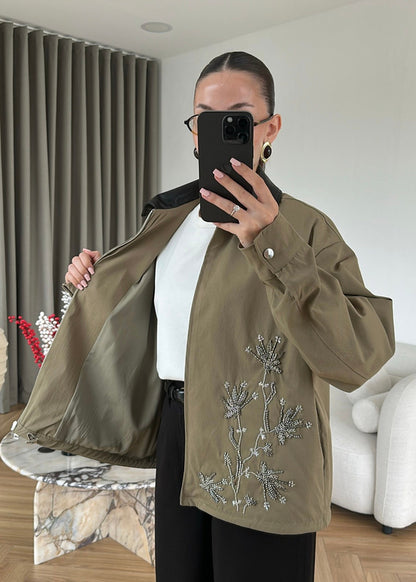 Embroidered Leather Collar Parka Jacket - KHAKI
