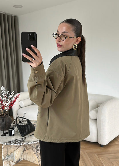 Embroidered Leather Collar Parka Jacket - KHAKI