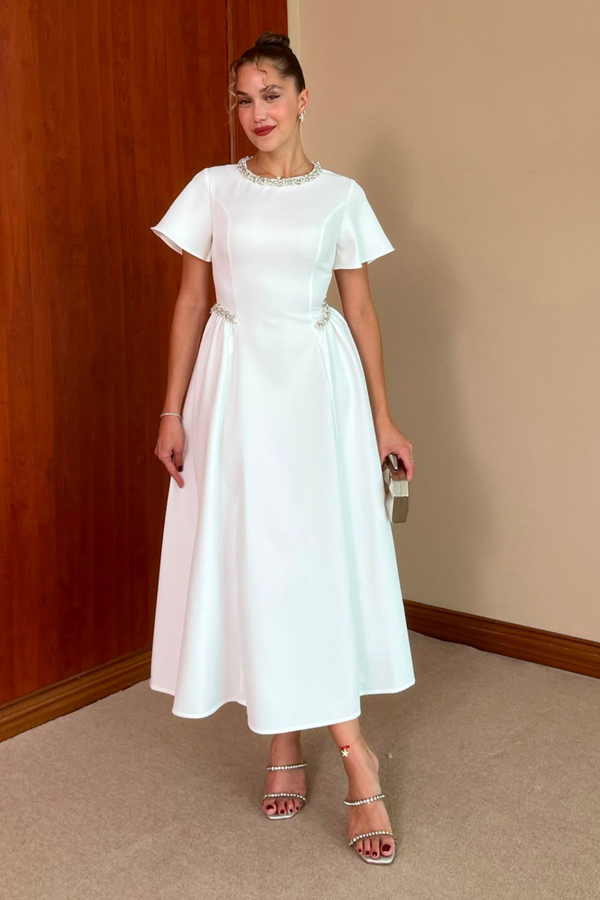 Dia Stone Detail Midi Dress - white