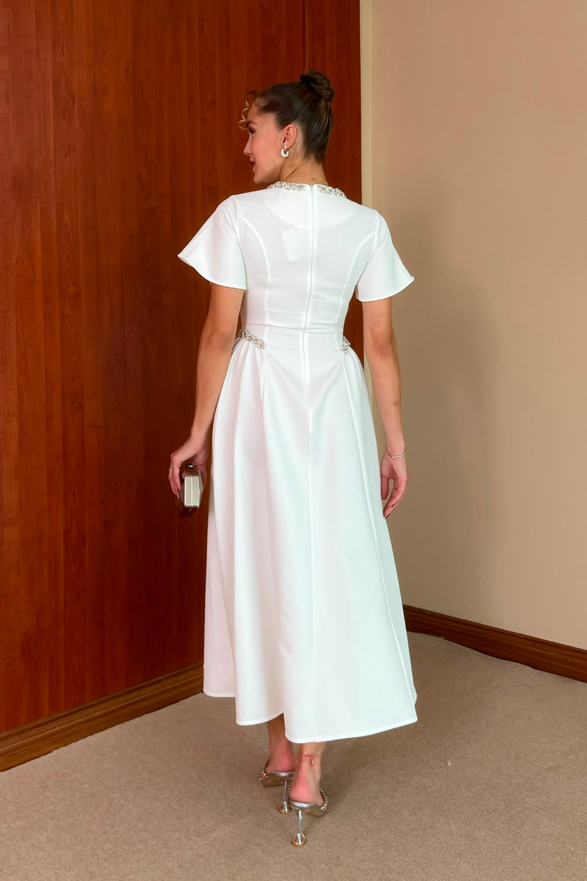 Dia Stone Detail Midi Dress - white