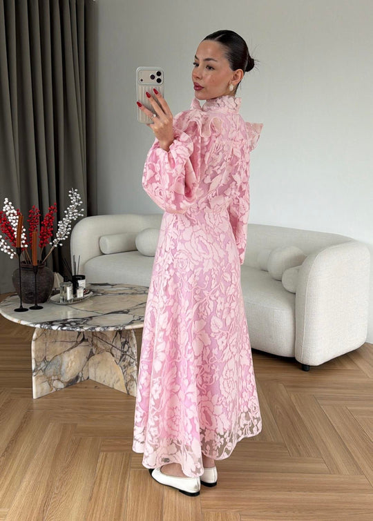 Lace-Embroidered Scarf Collar Dress -pink