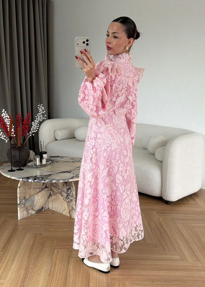 Lace-Embroidered Scarf Collar Dress -pink