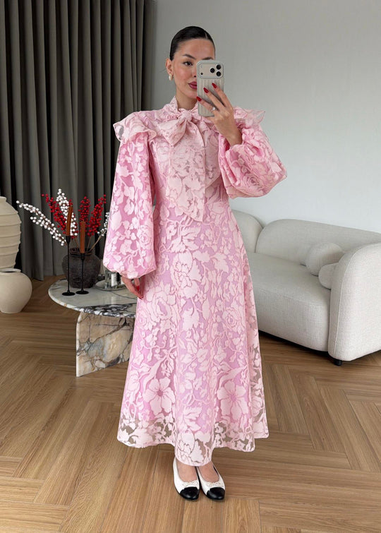 Lace-Embroidered Scarf Collar Dress -pink
