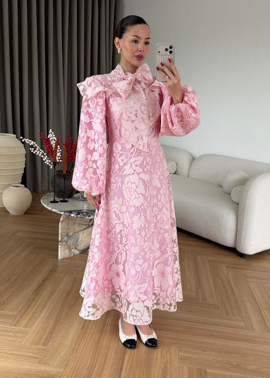 Lace-Embroidered Scarf Collar Dress -pink