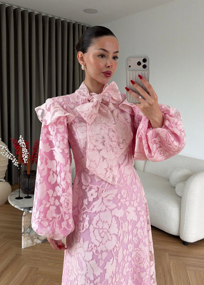 Lace-Embroidered Scarf Collar Dress -pink