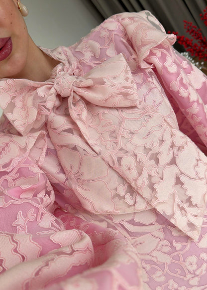 Lace-Embroidered Scarf Collar Dress -pink