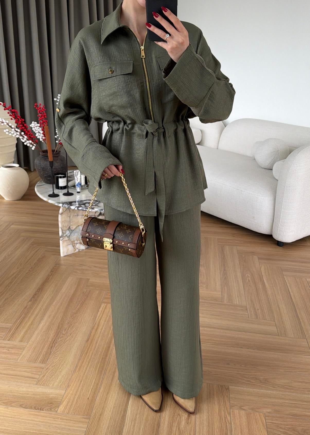 Jacquard metallic satin Zip-Up Suit Khaki