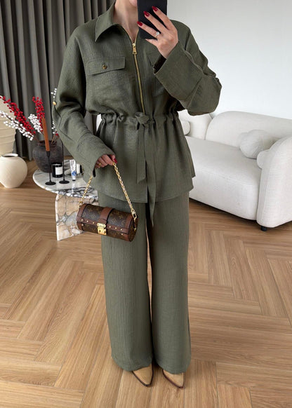 Jacquard metallic satin Zip-Up Suit Khaki