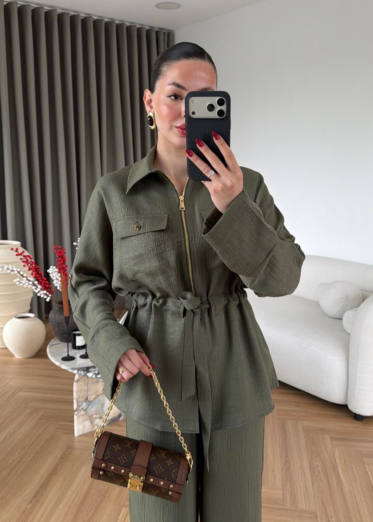 Jacquard metallic satin Zip-Up Suit Khaki