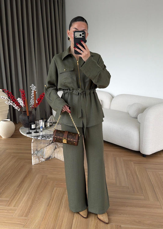 Jacquard metallic satin Zip-Up Suit Khaki