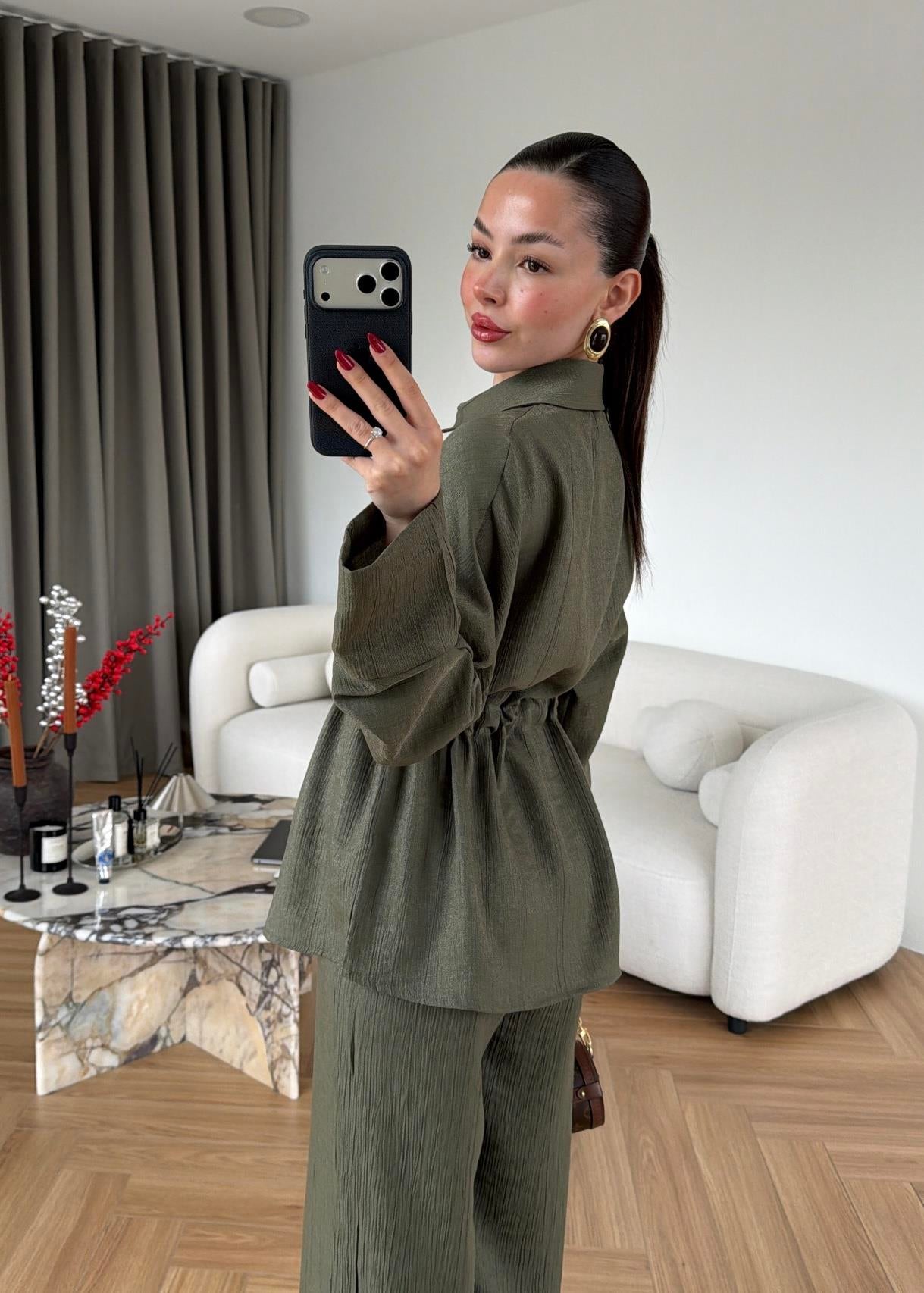 Jacquard metallic satin Zip-Up Suit Khaki