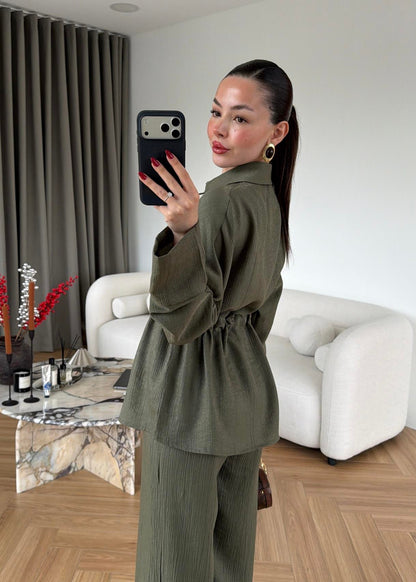Jacquard metallic satin Zip-Up Suit Khaki