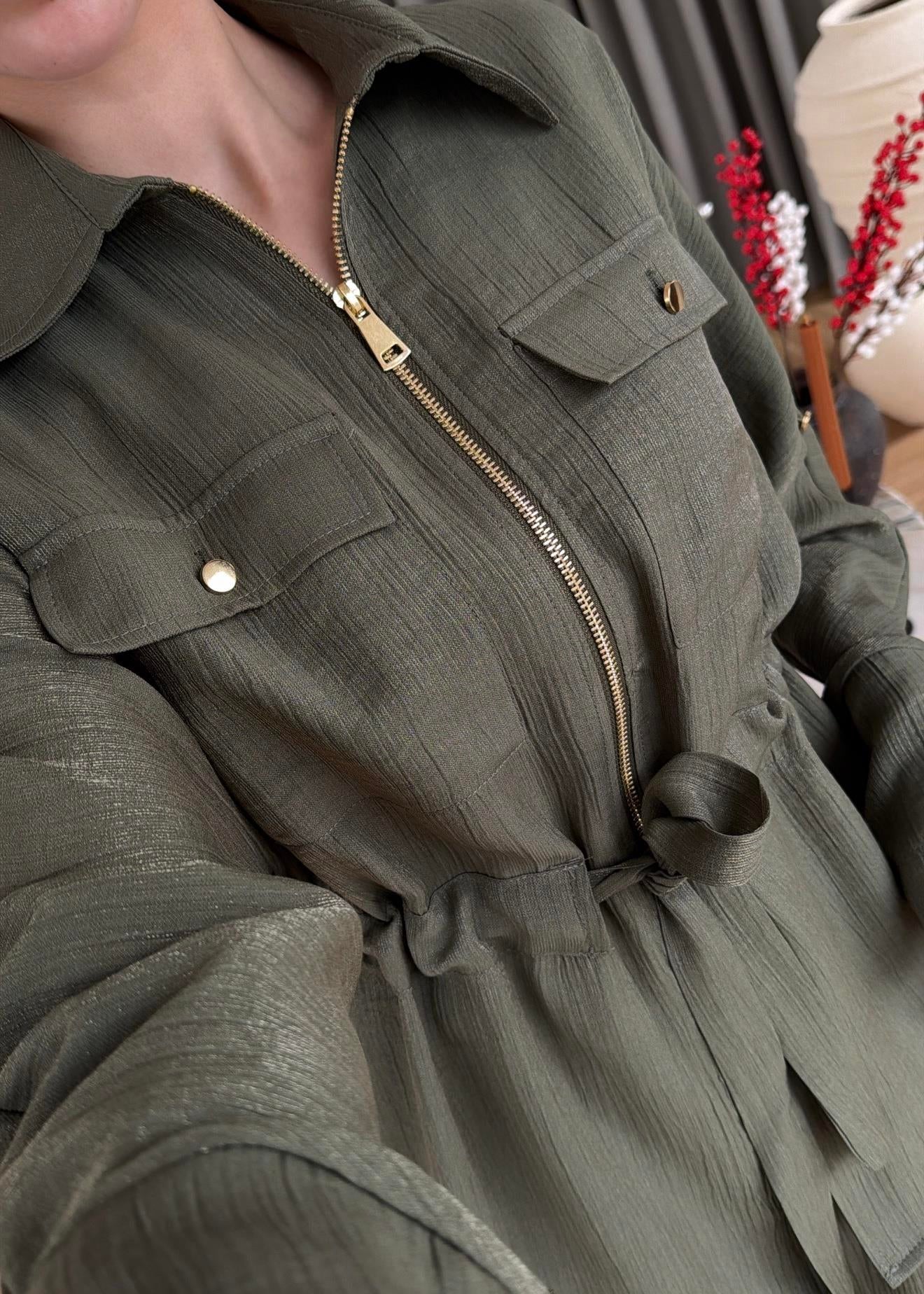 Jacquard metallic satin Zip-Up Suit Khaki