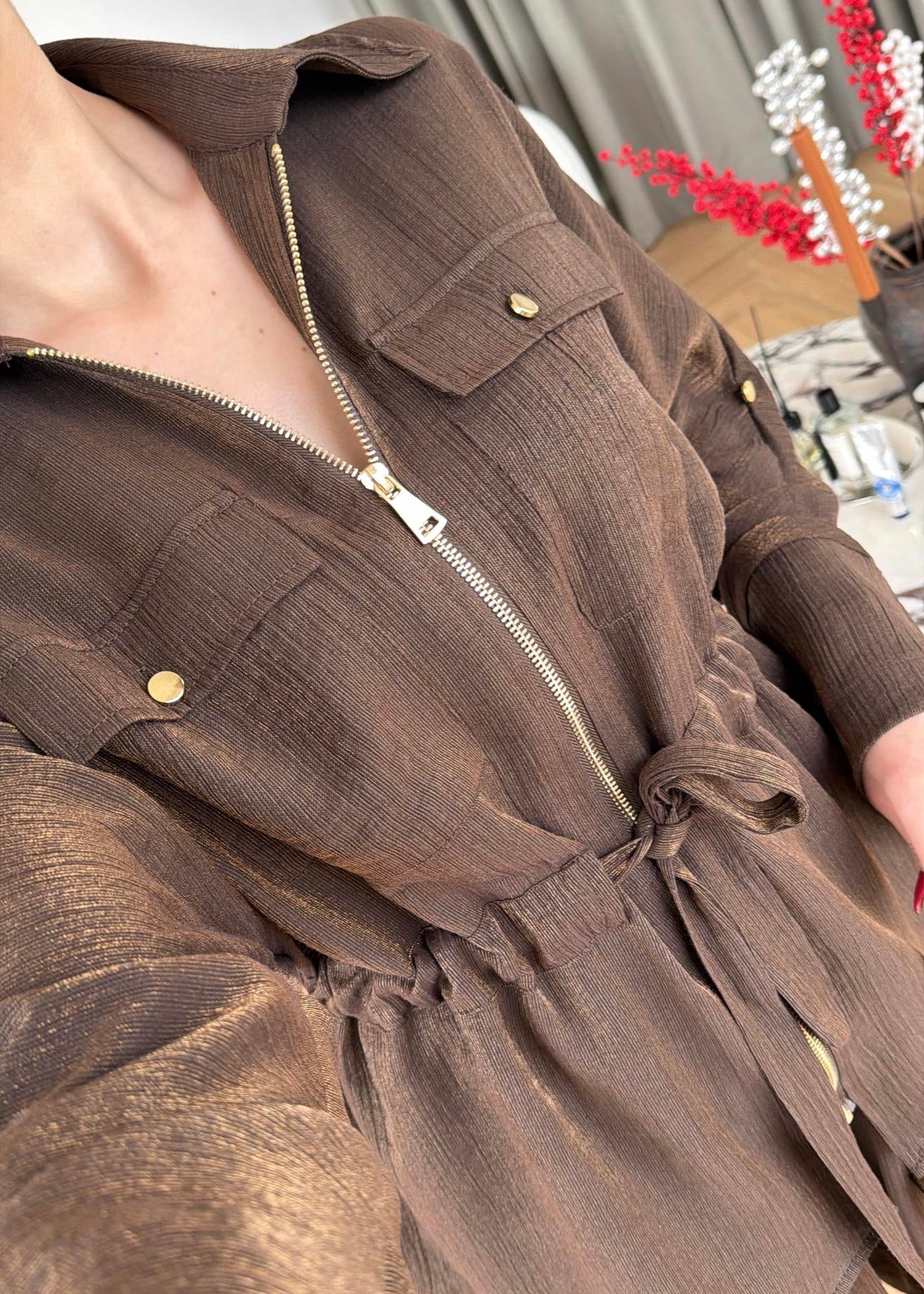 Jacquard metallic satin Zip-Up Suit brown